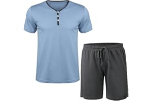 Irdcomps Pigiama Uomo Cotone Estivo Corto Pigiami Due Pezzi da Uomo Set Maniche Corte Manica Comodo Abbigliamento Casual Leggero con Tasche per la Casa