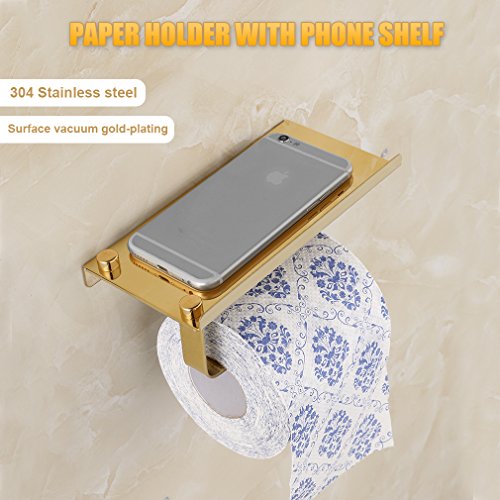 BONADE® Edelstahl Toilettenpapierrollenhalter WC-Papierhalter Rollenhalter Halter mit Ablage, zur Wandmontage, Gold - 4