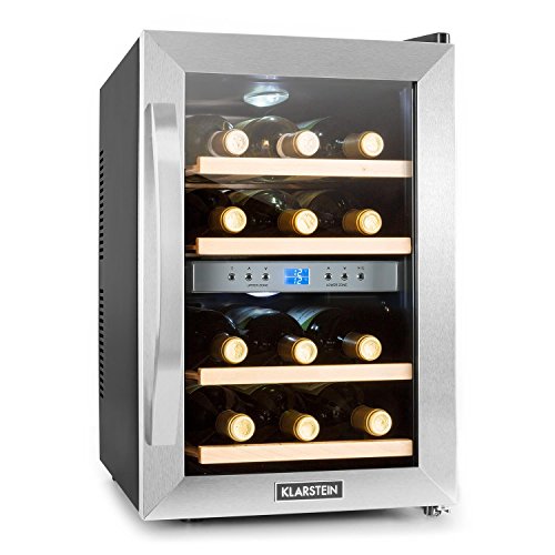 Klarstein Reserva  Weinkhlschrank  Getrnkekhlschrank  34 Liter  12 Flaschen  4 Regaleinschbe  niedriges Betriebsgerusch  2 Zonen  Temperaturbereich: 07 - 18 C  LED-Display  LED-Innenbeleuchtung  Gummife  Glastr  schwarz-silber