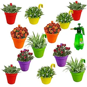 MESH Planet Garden_Balcony_Railing Hanging Size 9 Inch_Flowering Planter_Pack of 12_Multicolor_with 2 litres Garden Pump Pressure Spray Bottle MPT27