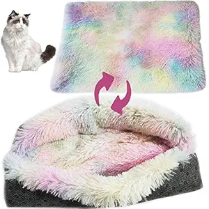 PINVNBY Self-Warming Cat Bed Mat Indoor Fluffy Cushion Dog Calming Thermal Blanket Anti-Slip Machine Washable Warm Comfy Pet Nest Pads Soft Sofa 2-in-1 Beds for Puppy and Kitties