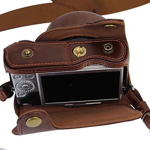 First2savvv Premium Qualität dunkeldunkelbraun Ganzkörper- präzise Passform PU-Leder Kameratasche Fall Tasche Cover für Panasonic Lumix DMC GF8 GF7 mit Kameragurt -XJD-GF8-HH10S10 - 4
