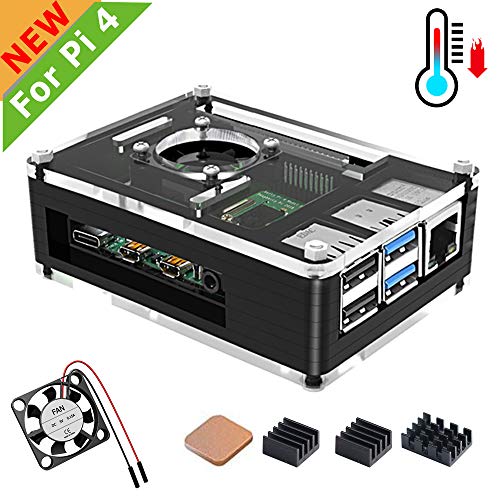 Jun_Electronic - Carcasa con Ventilador para Raspberry Pi 4 Modelo B, para Raspberry Pi 4B con disipador de Calor Negro