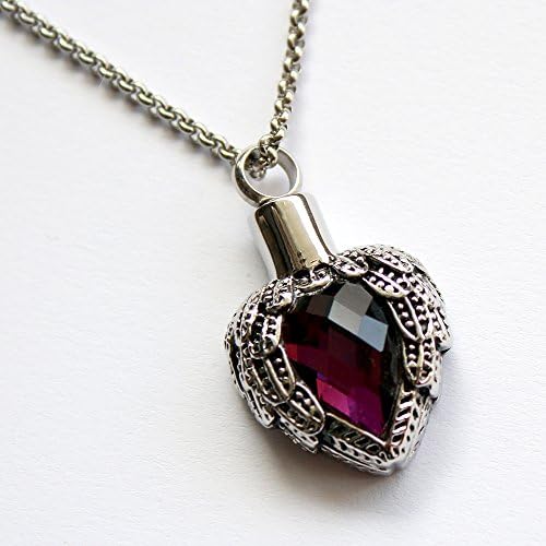 Zahara Pet Memorial Urn Necklace (20 Inches) with Velvet Pouch &amp; Funnel | Angel Heart Amethyst Pendant + Chain