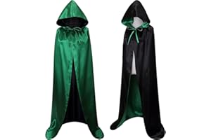 Carnavalife Capa Negra con Capucha para Disfraz Vampiro Hombre, Capa Medieval Mujer para Halloween, Capa Reversible Negra Roja Verde Morado Azul para Disfraz de Bruja, 140cm (Negro/Verde)