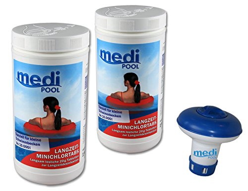 mediPOOL 503601MP Langzeit MiniChlorTabs 200g, 2 x 1KG, Chlor Langzeittabletten und Dosierschwimmer für 20gr. Tabletten