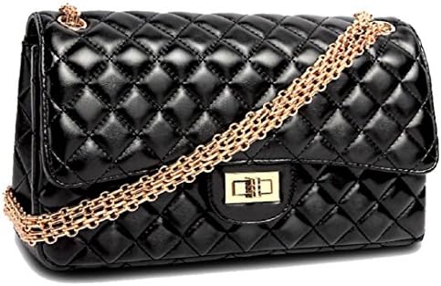 HandbagCrave® Envy Quilted Gold Chain / Silver Chain Hardware Flap Bag Shoulder Bag Clutch Bag (Black - Gold Chain)
