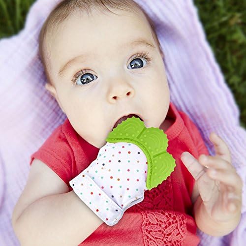 Vaxuia Baby Teething Glove-Patent Sound Design-Teething Mitten is Teether That Stays on Baby's Hand for Self-Soothing Pain Relief-for Baby 2-12 months old-Secure Adjustable Strap-Includes free storage (Green)