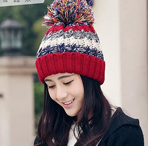 Aoxintech Women Lady Girls Knit Beanie Ski Hat Cap Crochet Knitted Wool Cap with Detachable Chunky Bobble Pom Pom Hat (Red)