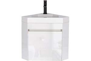 UEV Mobile Bagno Con Lavabo in Resina, Sospeso Ad Angolo 40CM, Rubinetto Nero Opaco, per Piccolo Spazio, Bianca
