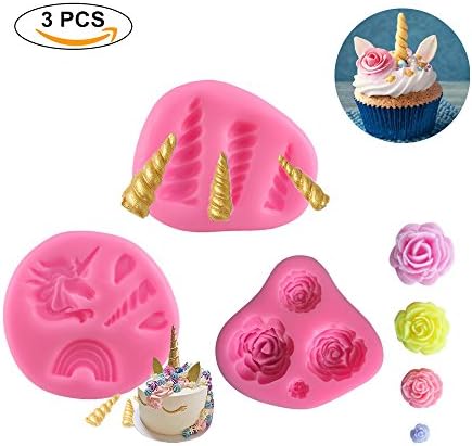 Silicone Unicorn Cake Mould Set, Unicorn Horn Ears Flowers Rainbows Shaped Cupcake Mold, DIY Decorating Baking Tools for Fondant Chocolates Soaps Candy - BPA Free, Non-stick, Set of 3