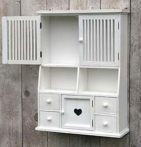 Wandregal Hängeschrank Weiß Im Vintage-Style - Mit Glastüren, Schubladen & Haken, 55x52x21 Cm