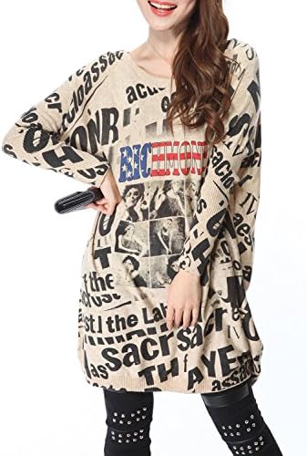 Vogue of Eden Women's Plus Size Baggy Letter and Poster Knit Sweater Dress Beige