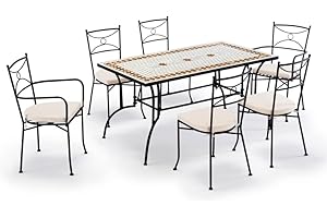 Gruppo Maruccia - Set Tavolo e Sedie da Giardino con Mosaico in Ceramica - 1 Tavolo Rettangolare - 2 Poltrone e 4 Sedie con Cuscini