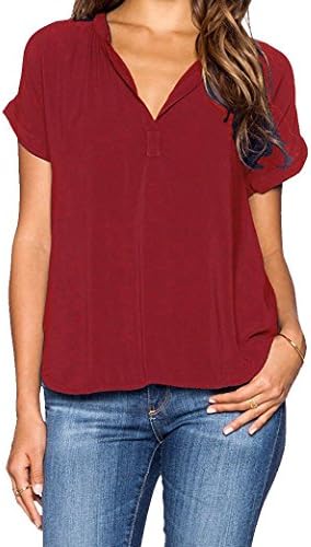 ASCHOEN Women's Casual Blouse Solid V-Neck Cuffed Sleeve Chiffon Shirt Tops