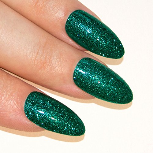 Bling Art Stiletto False Nails Gel Acrylic 24 Green Glitter Medium Tips UK