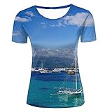 Customizable, digital printed Women T-Shirt 3D Digital Pinted Dock Nearby Sea Boat Crewneck Casual tee Shirt Tops XXL