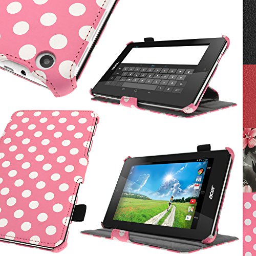 igadgitz Pink mit weißen Polka punkte PU Ledertasche Hülle Cover für Acer Iconia One 7 B1-730HD mit Stylus-Stift Elastischen Halter + Multi-Winkel Betrachtungs + Handschlaufe + Displayschutzfolie