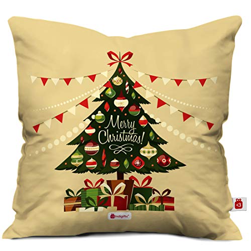 Indigifts Beidge Christmas Tree Print Cushion Cover 12x12 with Filler (Xmas Gift for Her, Him, Boy, Girl, Dad, Mom, Friends, Family) - Christmas Decorations
