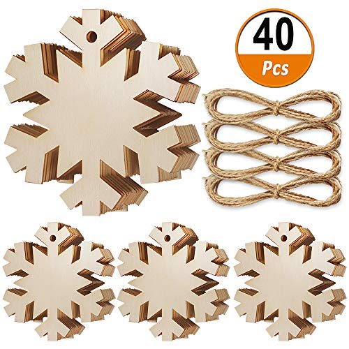 Heqishun 40 Pièces Flocon de Neige en Bois Ornements Flocon de Neige de Noël inachevé Suspendus Ornements pour Artisanat tranches de Flocon de Neige Bricolage tag en Bois pour la fête de Noël décors
