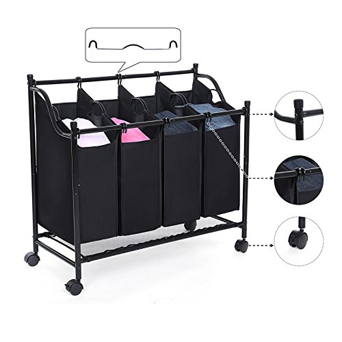 Songmics Wäschekorb Wäschesortierer Wäschebox Wäschewagen mit 4 × Sortierer Fächer Schwarz LSF005 - 3