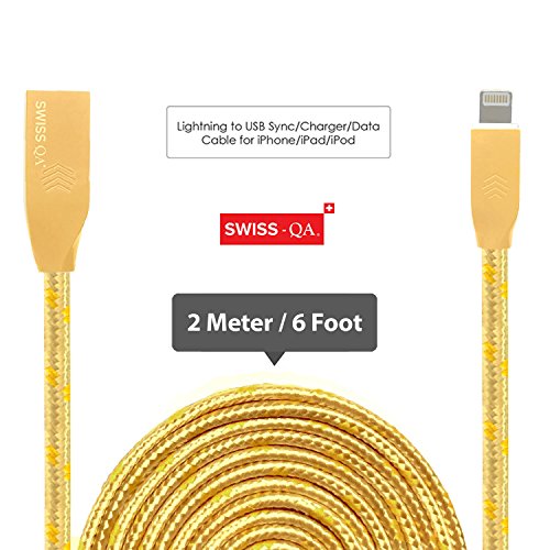 Lightning Kabel – 2m, Gold, Neustes Design – Sehr schnelles iPhone 7 Ladekabel – verstärktes USB Datenkabel mit Knickschutz – Für Apple iPhone 7 6 5, iPad, iPod – SWISS-QA Geldrückgabe Garantie - 2