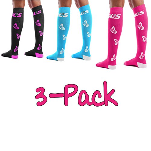 Preisvergleich Produktbild SLS3 Damen 3er Pack Kompressionsstrümpfe / Abgestufte Kompressionssocken / Hochwertige Stützstrümpfe XS-S Schwarz-Lila / Caribbean / Diva