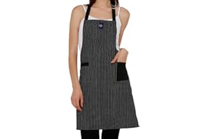 Encasa Homes Delantal de cocina ajustable con bolsillos y toallero - 27"x33" - Algodón ecológico, Hogar y el Restaurante, Hombres, Mujeres, Cocina, Hornead - Butcher Stripes Black