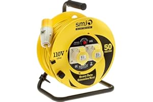 MAZO SMJ 110V Light Industrial Extension Cable Open Drum Reel - Thermal Cut Out - 50m 16A 2 Way Gang Sockets 2.5mm IP44 Splash Proof Steel Frame Handle