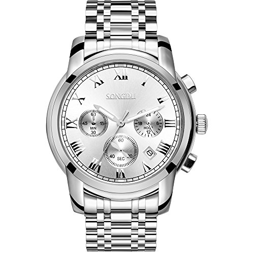 SONGDU Herren Armbanduhr Quarz Unisex mit Edelstahl Armband, Chronograph Analog Kalender Datum Display Leuchtende Silber Zifferblatt SONGDU Herren Armbanduhr Quarz Unisex mit Edelstahl Armband, Chronograph Analog Kalender Datum Display Leuchtende Silber Zifferblatt