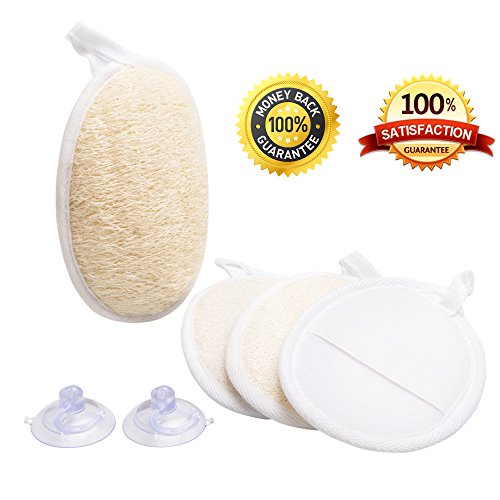 Exfoliating Loofah Sponge Pads (4 Pack) + Bonus Drying Hooks - All Natural Luffa for Men & Women