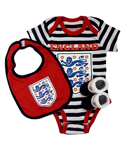 Official England Football Baby Gift Set - Navy Stripe - Bodysuit, Booties & Bib (3-6m)