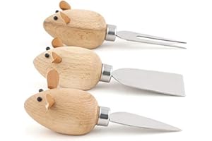 Kikkerland 3 Blind Mice Set Tre Coltelli da Formaggio Acciaio, Legno, 15 x 5 x 15 cm