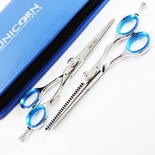 Unicorn Plus Scissors - 5.5" Professional Hairdressing Scissors Set - Mirror Finish - Japanese Hair Cutting and Thinning Scissors Shears Plus Get 2 Free Barber Hair Clips @ Knock Off Price