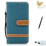 TOUCASA S7 Handyhülle,S7 Hülle, Brieftasche Flip PU Leder ledercase Magnet Leder klappbar Hülle etui Tasche Kartenfächer [Cowboy Canvas Material] Wasserdicht Langlebig Stoßfest für Samsung S7（Grün）