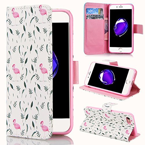 Preisvergleich Produktbild SMART LEGEND iPhone 7 Lederhülle Ledertasche Brieftasche Hülle Klapphülle Schutzhülle Gemalt Muster Premium Neu Flip Leder Schale Wallet Case Folio Tasche Inner Weiche Silikon Etui Ledercase Handytasche mit Standfunktion Kreditkarte ID Slots und Magnetverschluss Cover - Flamingo
