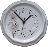 Keramik Wanduhr rund-vieleckig, rosa Schlüsselblumen, Quarzuhr