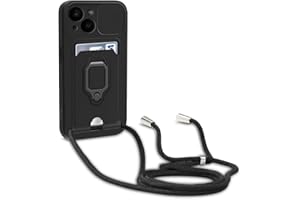yanasuo Schiebe Kameraschutz Silikon Handykette Hülle kompatibel mit iPhone 14, Metall Ring Halter Handy Cover,Verstellbarer Halskette Handyhülle-Schwarz