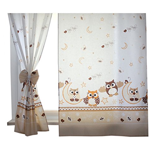 2er Set Gardinen Kinderzimmer Vorhänge mit Schlaufen und Schleifen 155×95 cm Dekoschal Schlaufenschal , Farbe: Eulen Beige, Größe: ca. 155×95 cm - 4