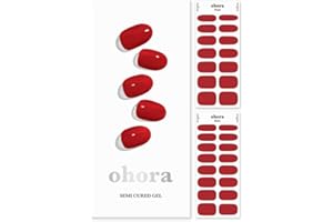 ohora Semi Cured Gel Nail Strips (N Addict) - Works with Any Nail Lamps, Salon-Quality, Long Lasting, Easy to Apply & Remove - Includes 2 Prep Pads, Nail File & Wooden Stick - Red