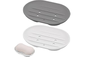 KYSUN 2 Stück Seifenschale Silikon, Ovale Seifenschale mit Ablauf,Seifenablage rutschfest und Robust für Badezimmer, Küche, Zähler, Dusche,Soft Seifenschalen für Hält Seife Trocken(Weiß + Grau)