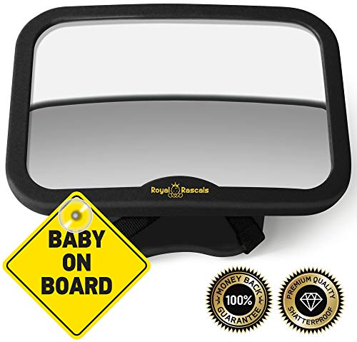 ROYAL RASCALS Espejo para vigilar al bebé en el coche, de niños orientado hacia atrás, Se adapta a cualquier resposacabezas ajustable, Función de inclinación y giro, 100% inastillable, Negro