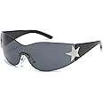 Long Keeper Rimless Wrap Around Sunglasses for Women Men, Trendy Womens Y2K Sunglasses Oversized Shades Cool Star Fashion Sun Glasses UV400