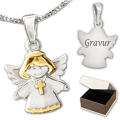 CLEVER SCHMUCK Set mit Gravur: Silberner Anhänger Kinderengel Bicolor mit Kreuz glänzend teilvergoldet mit Kette und persönlicher Gravur Sterling Silber 925 und Etui