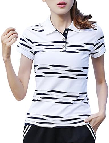 AEROBIC Womens Sport POLO Shirt Summer Casual Short Stripe Tennis Shirt White 1 Medium