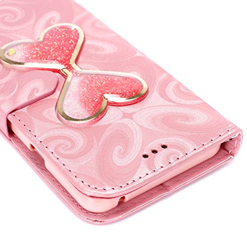 Etsue Leder Handyhülle für Samsung Galaxy A3(2016) Ledertasche Schutzhülle, Lusting Kreativ Shiny Glanz Sparkle Glitzer fließend Treibsand Liebe Herz Muster Elegant Luxus Leder Flip Case Wallet Tasche Cover Magnetverschluss Abdeckung Standfunktion Schutz Etui Schale für Samsung Galaxy A3(2016) + 1x Glitzer Staub Stecker + 1x Blau Eingabestift-Pink+Hot Pink - 5