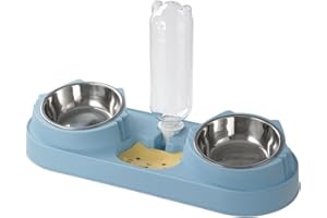 EMLSTYLE Cat Food Bowl, Triple Cat Bowl, 15°Tilted Raised Cat Bowl, Pets Water and Food Bowl Set with Automatic Water Bottle, Wet and Dry Food Bowl for Cat (blue)