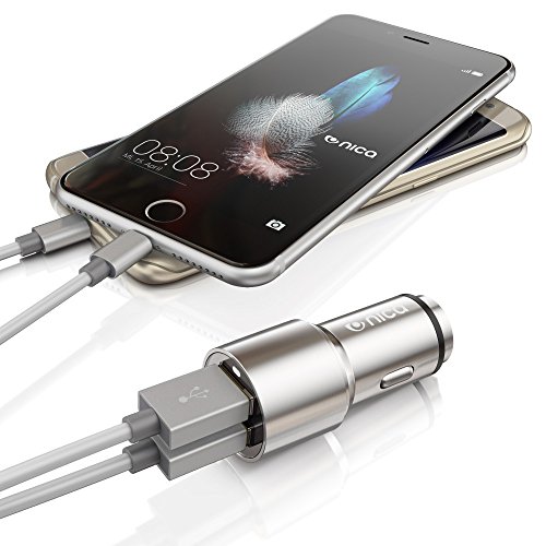 nica Caricabatteria per auto 2 porte USB (2x2,4A) Acciaio inossidabile Universale veloce doppio caricatore auto per iPhone Android iPad PSP Tablet Smartphone per esempio Apple Samsung HTC Sony LG Nokia Wiko Huawei Motorola - Argento