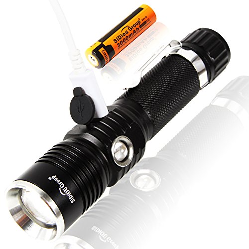 Sidiou Group LED CREE T6 torcia elettrica ricaricabile USB luce della torcia del fuoco registrabile di zoom Torcia lampada in alluminio torcia elettrica esterna con laterale luce rossa e UV 365 luce