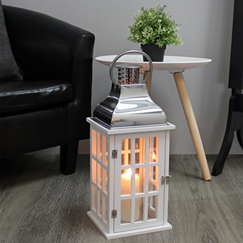 Dekorative Laterne 20x20xH47cm mit Henkel Windlicht Gartenlaterne Holzlaterne Kerzenhalter Gartenbeleuchtung Dekoration – Weiß/Silber - 3